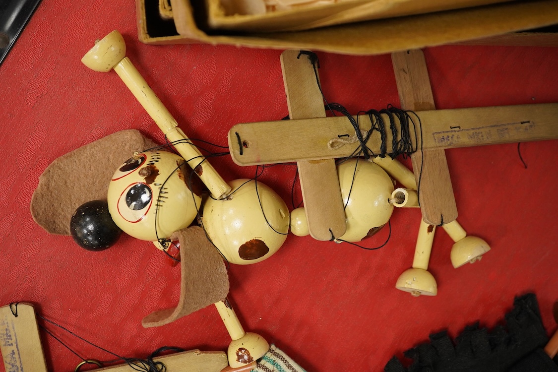 Five Pelham Puppets, four in boxes, including; Prince Charming, a Type SL Fairy Godmother, a Cowboy, Wags the Dog, and Cinderella (unboxed)